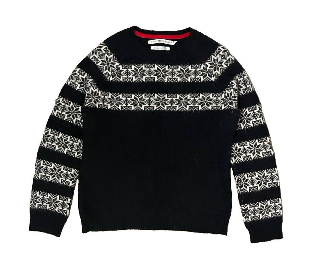Vintage Tommy Hilfiger Fair Isle Sweater Wool Angora Black White Women’s Size S